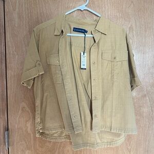United By Blue tan flax organic cotton utility short sleeve button-up shirt